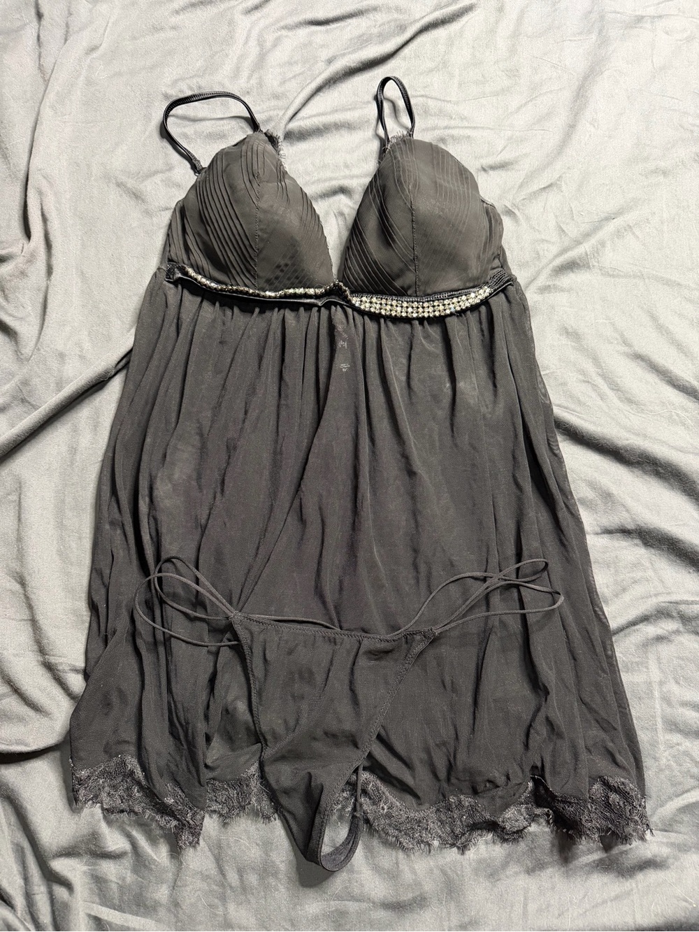 Victoria's Secret Black Sheer Lace Babydoll with Rhinestone Underbust